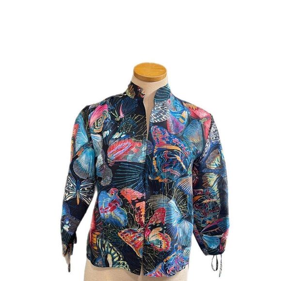Chico's Bold Butterfly Print Open 3/4 Tie Sleeve 100% Silk Jacket Sz 0 US Small - Picture 1 of 13